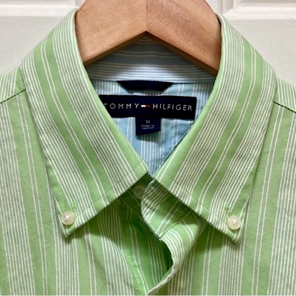 Tommy Hilfiger button down casual shirt, cotton, green white stripes, M
